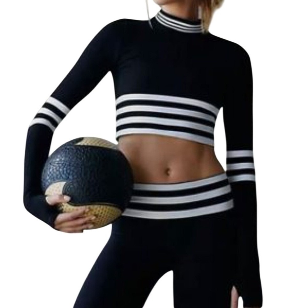 FREE PEOPLE Movement Triumph Stripe Crop Top Women's Medium Black Athleisure Y2K - Picture 5 of 13